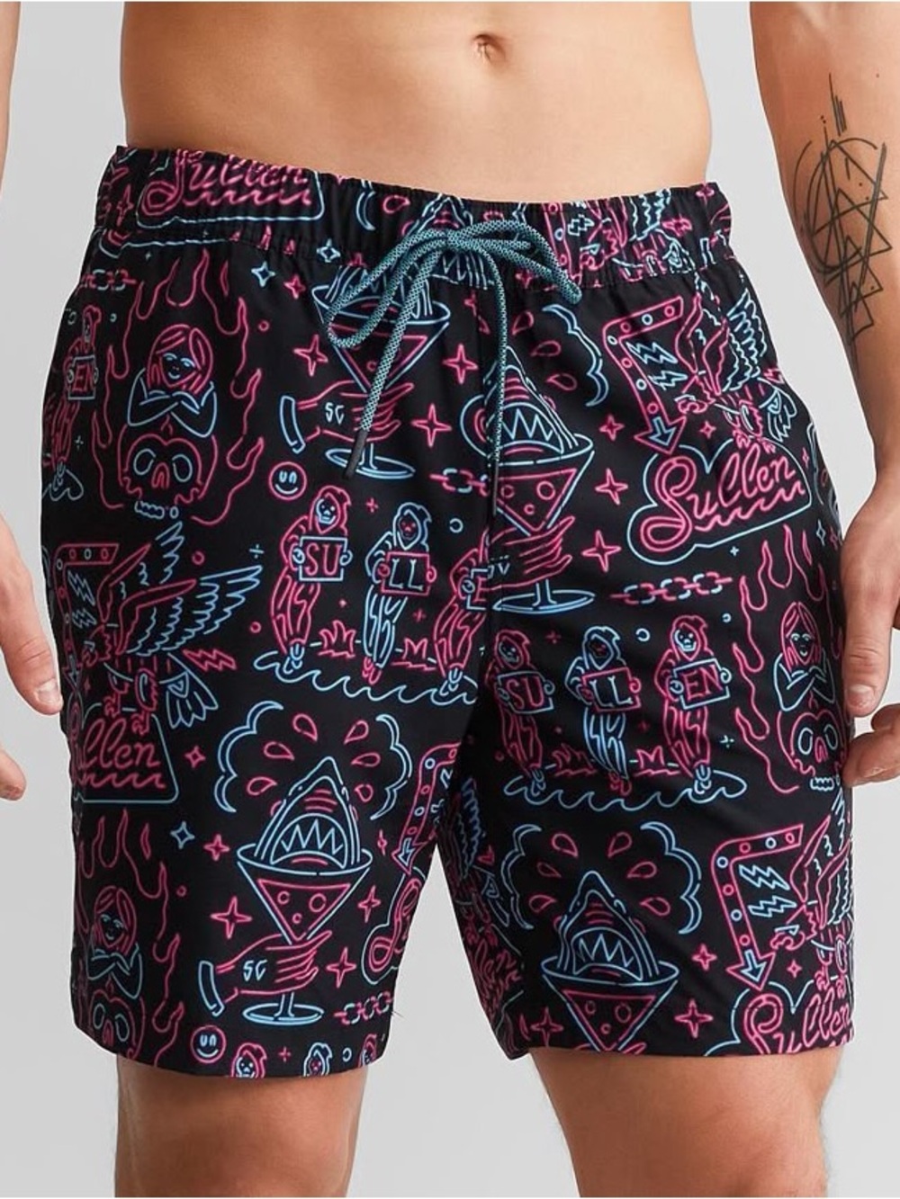 Sullen Men's Neon Signs Elastic Waist Board Shorts Black Pink Blue Size XL